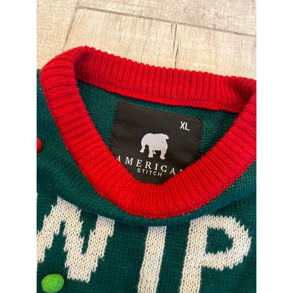 American Stitch Mens Swipe Right Ugly Christmas Sweater Reindeer Pom Poms XL